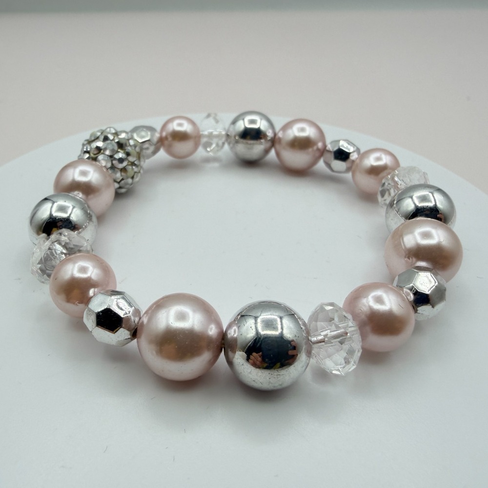 Vintage 90s Silver Tone Pink Faux Pearl Beaded Stretch Bracelet Women's Jewelry